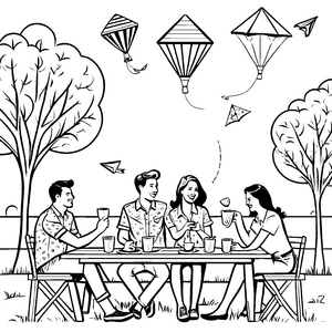 Picknick mit Freunden unter bunten Heißluftballons malen