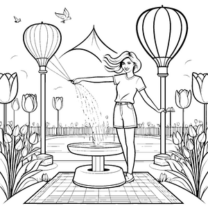 Frühlingszauber im Blumengarten mit Dame und Brunnen