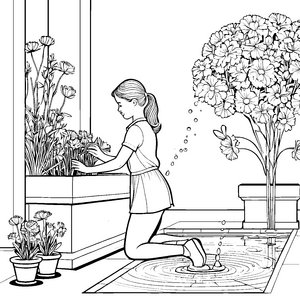 Malspaß mit Blumenkübeln: Ein Mädchen gießt die Blüten