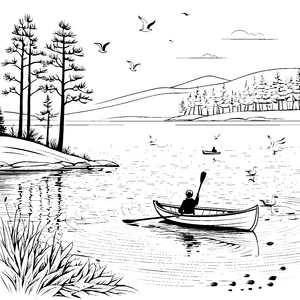 Ruderboot auf dem See mit Wald und Vögeln zum Ausmalen
