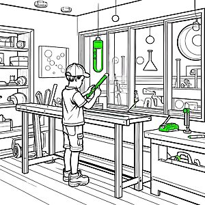 Der kleine Handwerker misst mit der Wasserwaage in der Werkstatt - Ausmalbild fuer kleine Entdecker