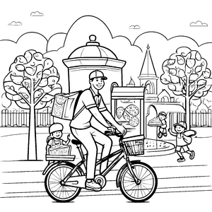 Der lustige Pizzabote auf dem Fahrrad malen Bild