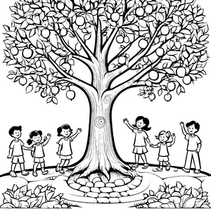 Kinder am Orangenbaum: Ein großes Ausmalbild zum Basteln