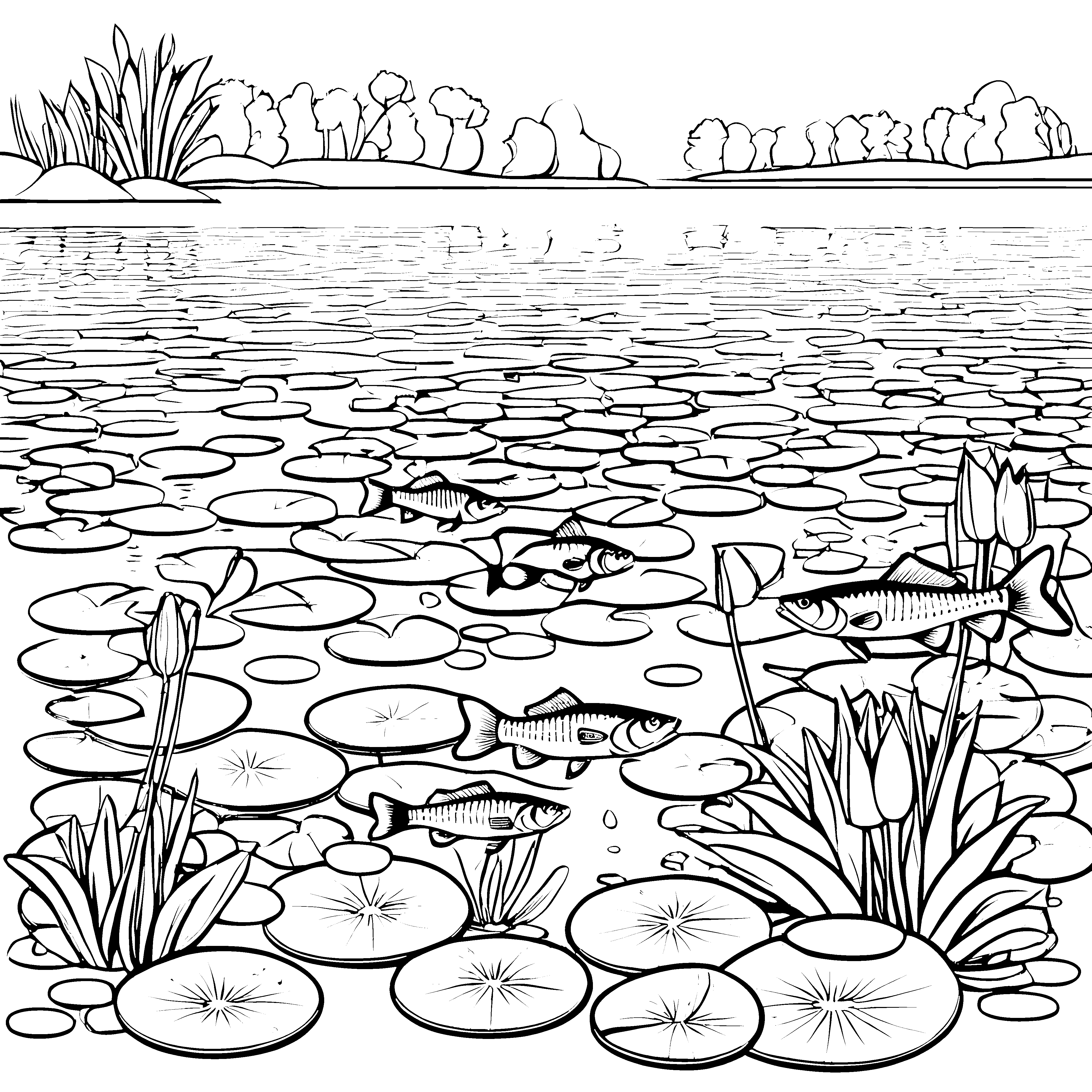 Barsche im Teich: Ein Ausmalspaß mit Wasserpflanzen