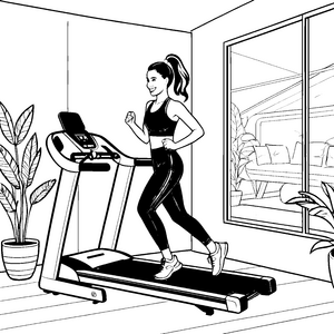 Sportlich fit auf dem Laufband im hellen Zimmer Ausmalbild fuer kleine Entdecker