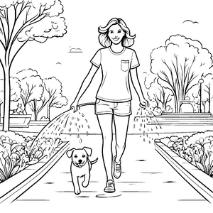 Frau mit Hund im Park spritzt sich nass
