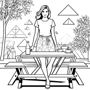 Modespaß: Damen-T-Shirt Ausmalbild mit Garten und Mustern