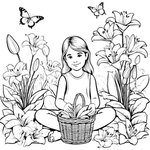 Mädchen mit Blumenkorb im wunderschönen Liliengarten Ausmalbild fuer kleine Entdecker