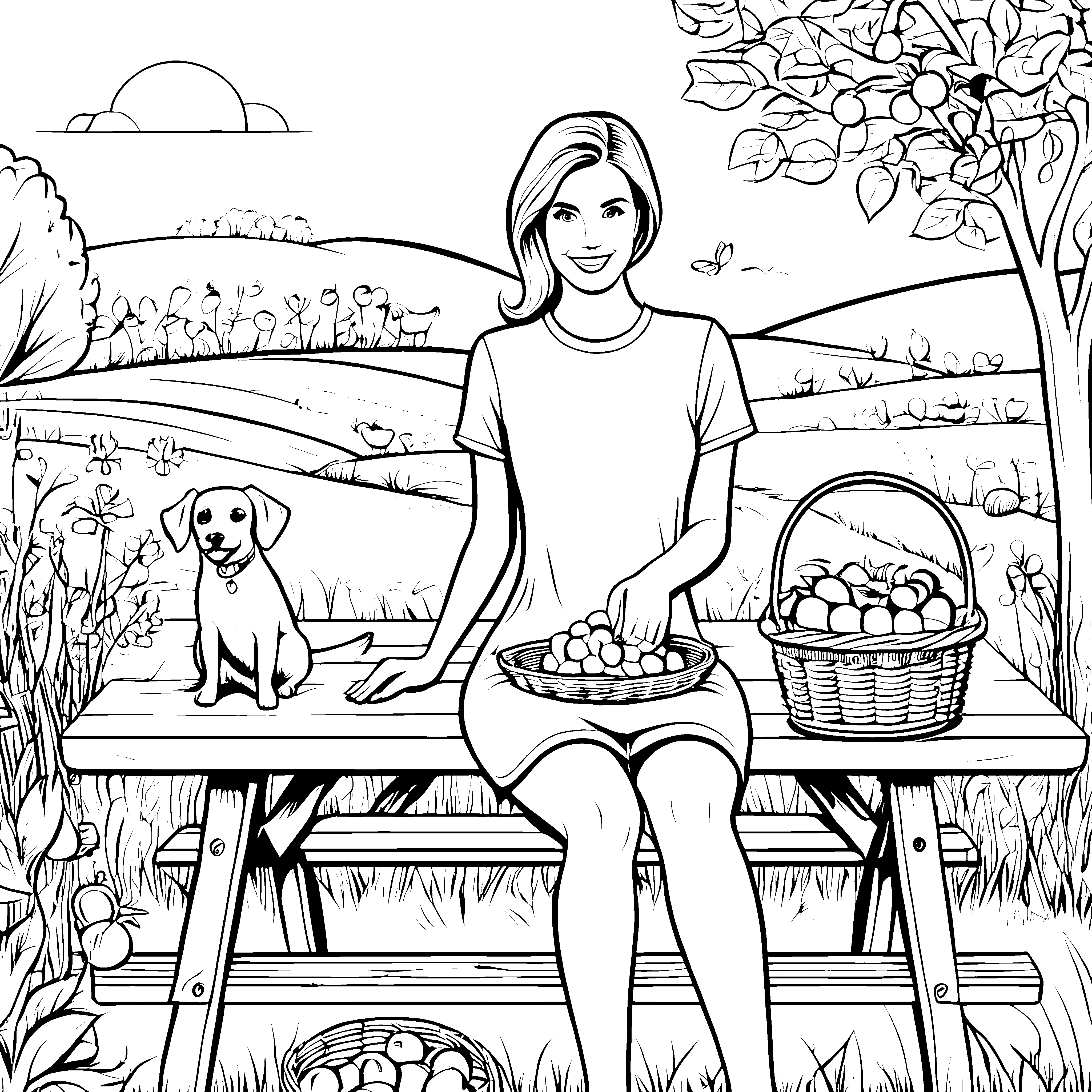 Picknick mit Blumen und Früchten: Ein Damen-T-Shirt-Ausmalbild für Kinder
