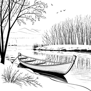 Ruderboot am Ufer malen: Ein Ausmalspaß mit Naturkulisse