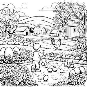Ostereier sammeln mit dem Hahn im ländlichen Garten