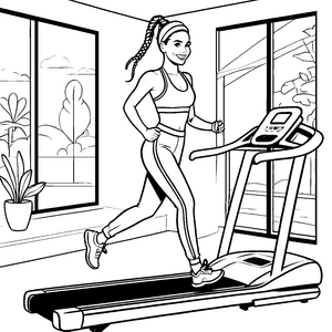 Sportlich fit auf dem Laufband im Fitnessstudio Ausmalbild fuer kleine Entdecker