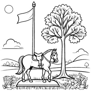 Das Pferd mit Reitsattel unter dem großen Baum zum Ausmalen
