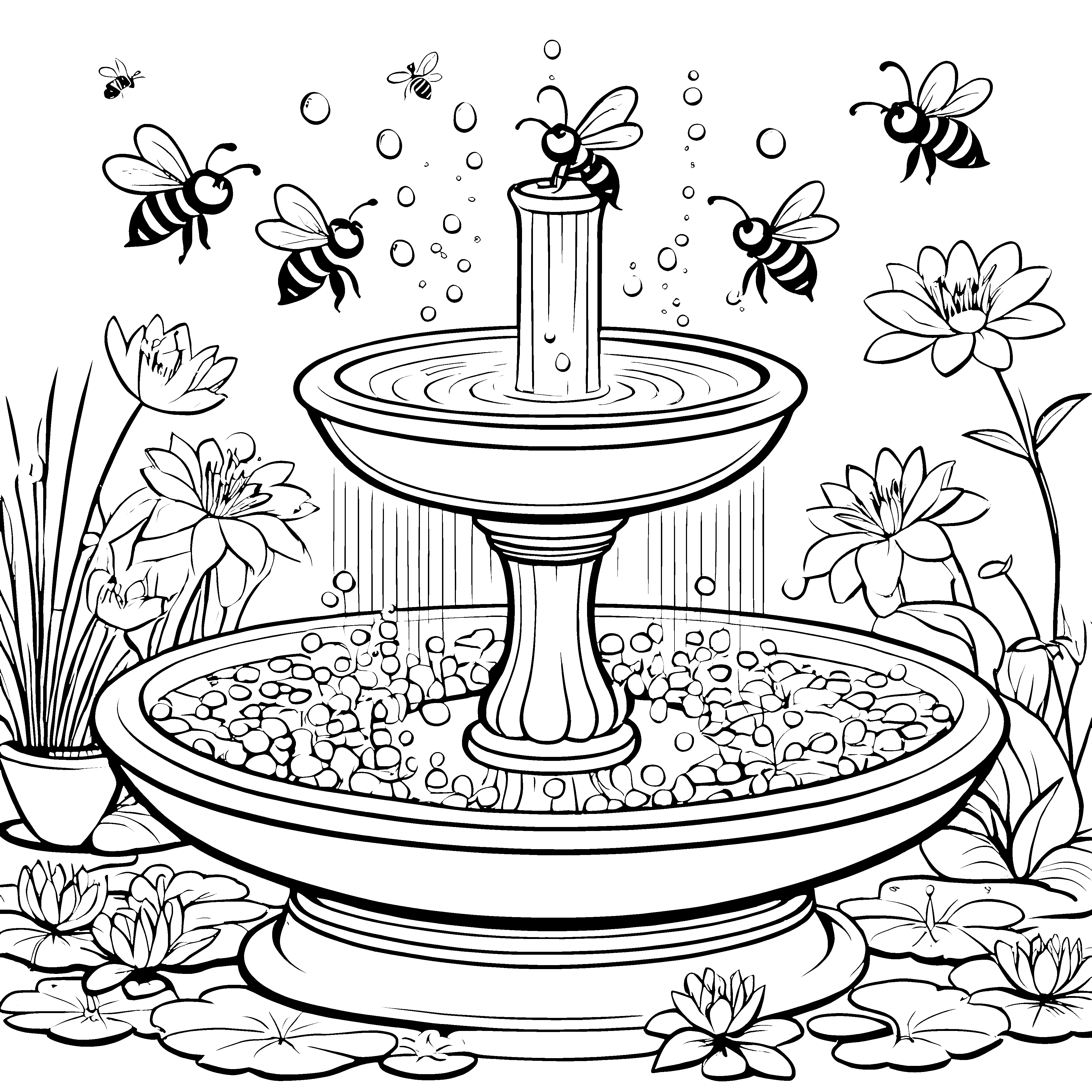 Bienen am blühenden Springbrunnen Ausmalbild fuer kleine Entdecker