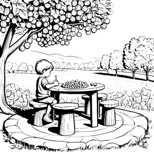 Haselnüsse sammeln: Ein Kind im Obstgarten malt nach