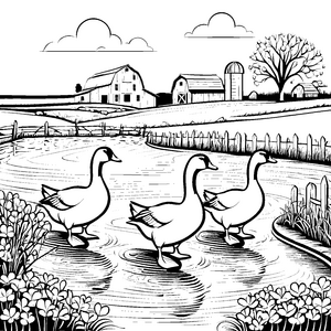 Gänse im Hof: Ein ländliches Ausmalspiel mit Bauernhaus und Zaun