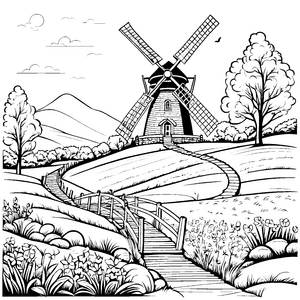 Die Windmühlen auf der grünen Wiese zum Ausmalen