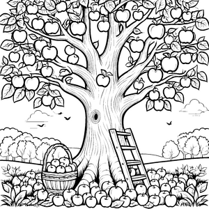 Der große Apfelbaum mit Korb und Leiter - Ausmalbild fuer kleine Entdecker