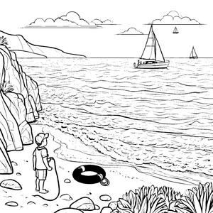 Rettungsschwimmer am Strand mit Segelbooten malen zum Ausmalspaß