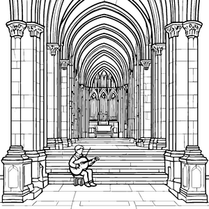 Der Barde im Kircheninneren mit seiner Saitenmelodie zum Ausmalen