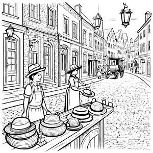 Die Hutmacherstraße: Ein Ausmalspaß mit Hüten und Kutschen