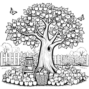 Der große Apfelbaum mit Korb und Leiter Ausmalbild fuer kleine Entdecker