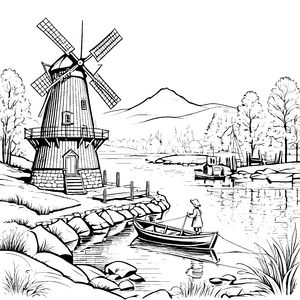 Malerische Windmühlen am Flussufer mit einem kleinen Boot