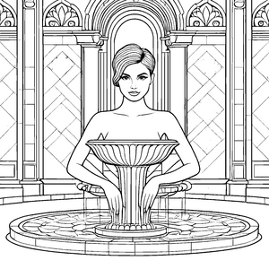 Malspaß: Die Frau mit mittellangem Haar am eleganten Brunnen