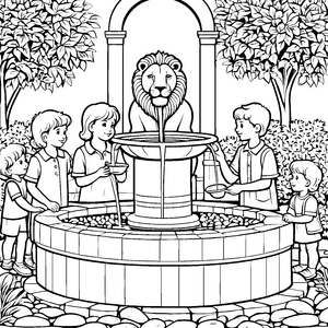 Kinder am Springbrunnen: Ein malerischer Ausmalspaß mit Löwenköpfen