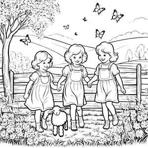 Kinder und ein Lamm in der Blumenwiese