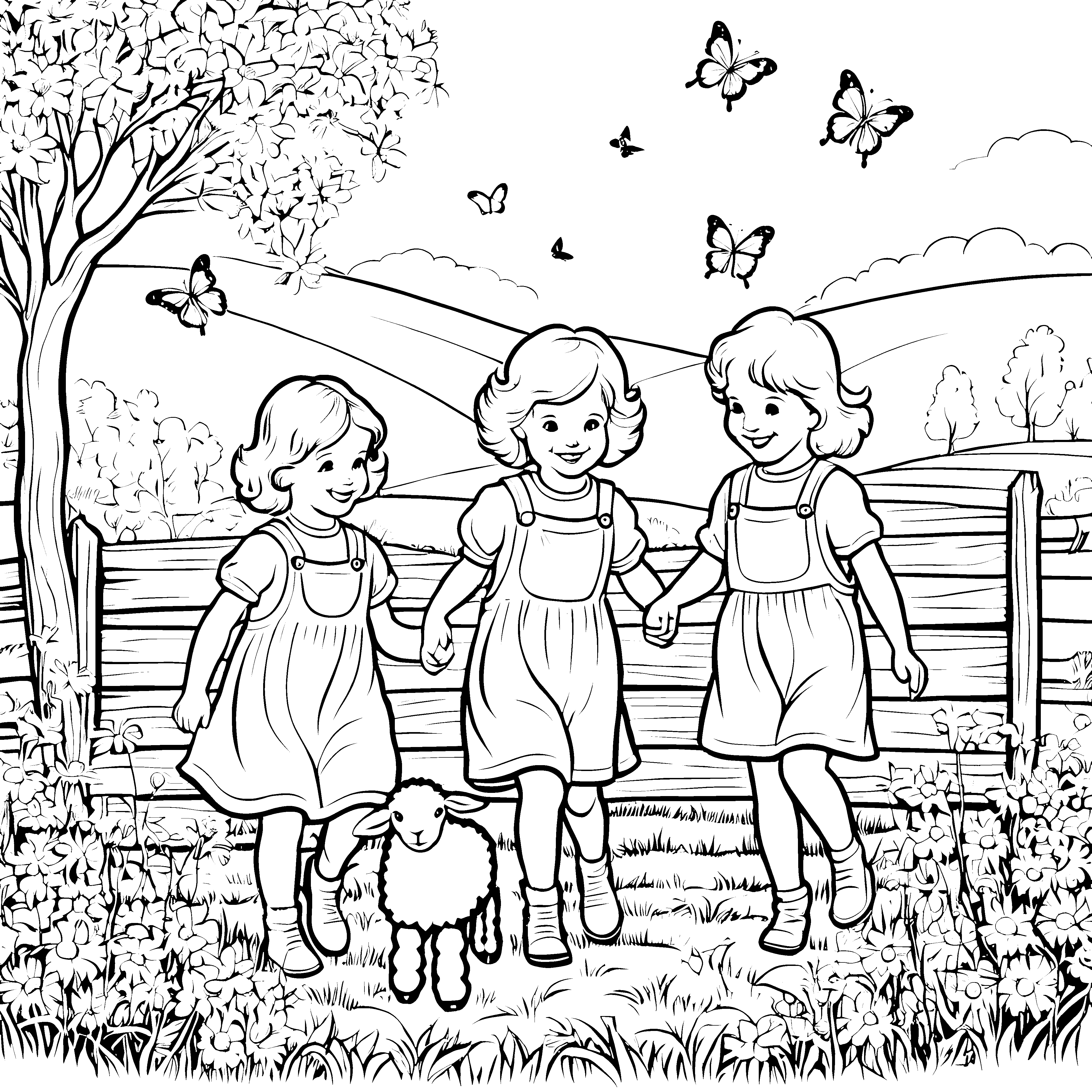 Kinder und ein Lamm in der Blumenwiese