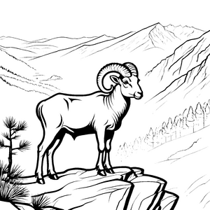 Der Hammel auf dem Felsen in der Berglandschaft zum Ausmalen