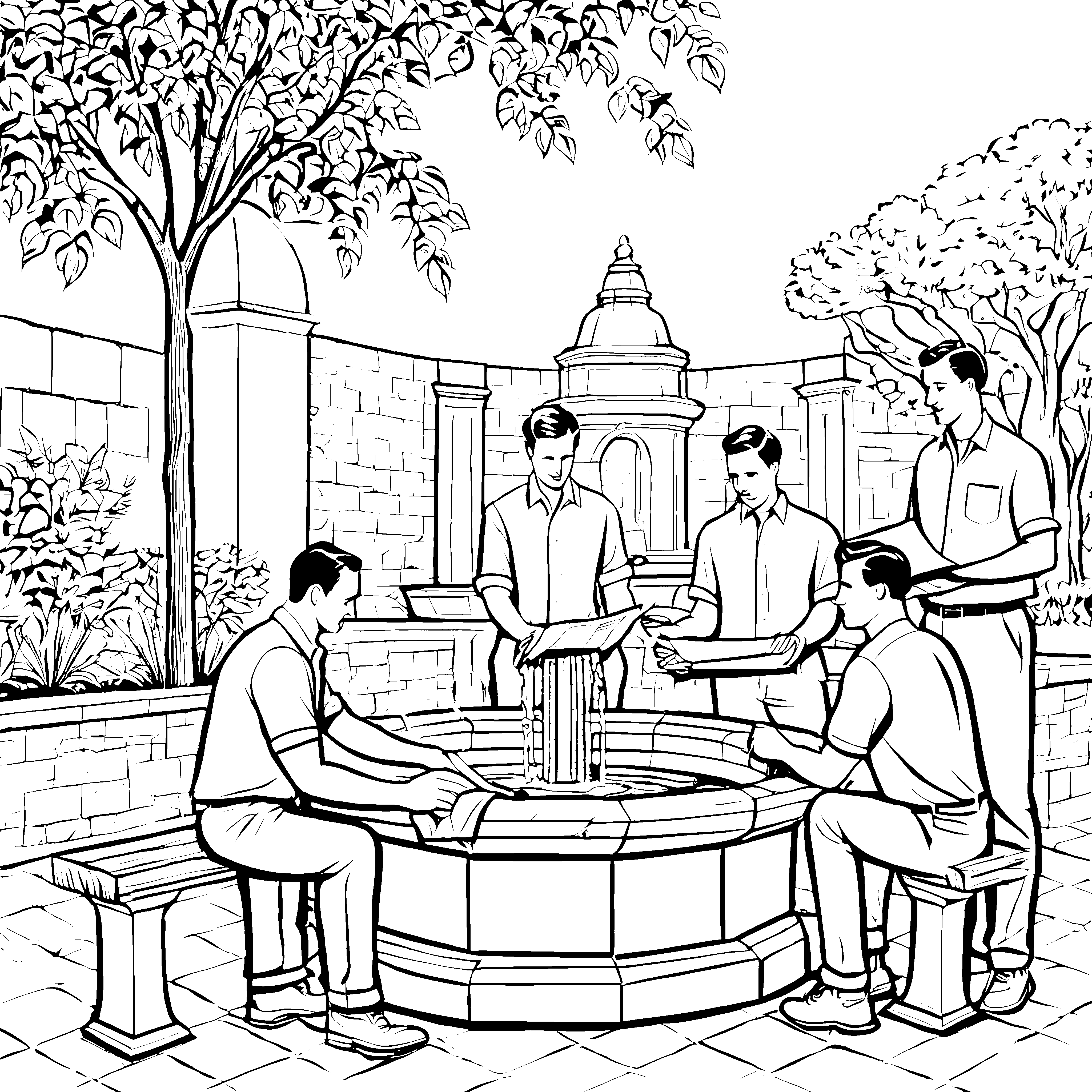 Männer am Brunnen: Ein Ausmalspaß mit Hemden und Gartenfreude