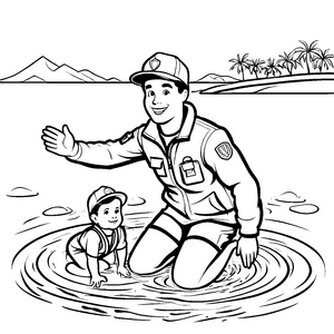 Rettungsschwimmer und Kind am Strand malen Spaß