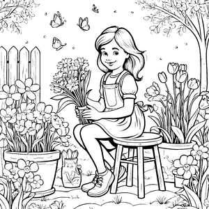 Mädchen mit einem bunten Strauß Frühlingsblumen – Ausmalbild fuer kleine Entdecker