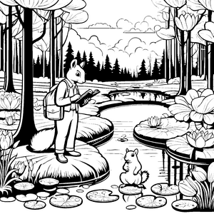 Der junge Biologe beobachtet einen Fuchs im Wald am Teich