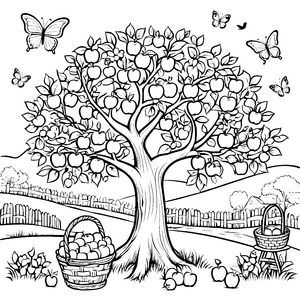 Der große Apfelbaum mit Körben und Schmetterlingen Ausmalbild fuer kleine Entdecker