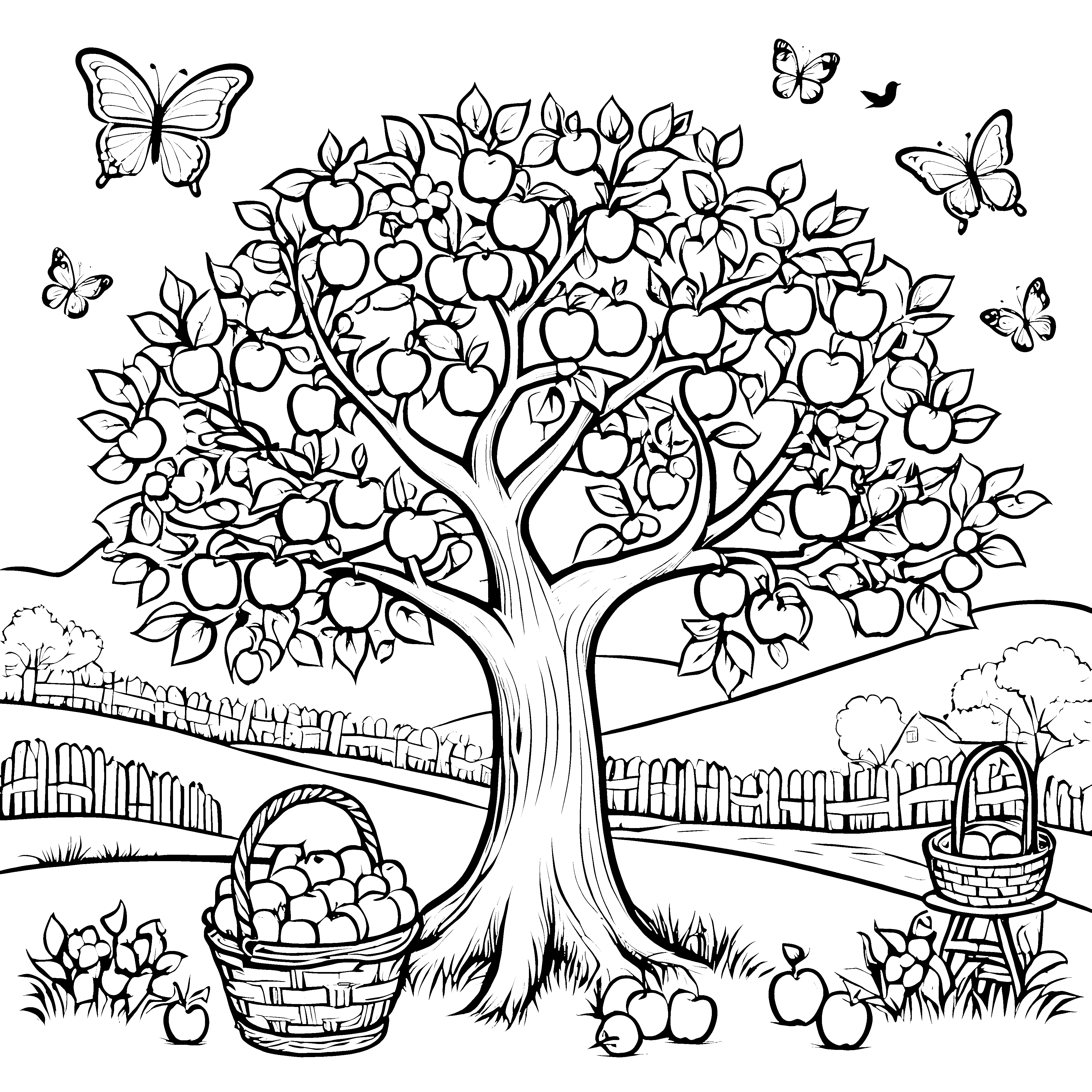 Der große Apfelbaum mit Körben und Schmetterlingen Ausmalbild fuer kleine Entdecker