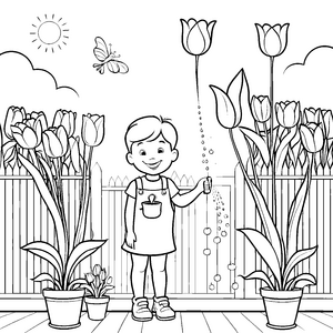 Der Junge gießt die bunten Tulpen in die Blumenkübel