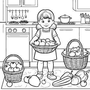 Das Mädchen mit dem Korb und den Auberginen Ausmalbild fuer kleine Entdecker