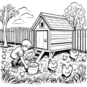 Eier sammeln mit Küken vor dem Bauernhaus zum Ausmalen