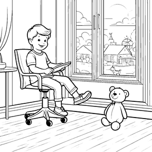 Der Junge liest auf dem Drehstuhl mit seinem Teddybären