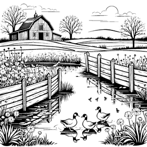 Gänse malen im Hof bei ländlichem Bauernhaus am Teich