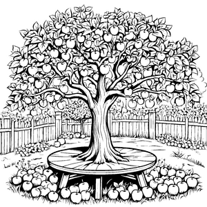 Der große Apfelbaum mit Sitzbank und Gartenzaun Ausmalbild fuer kleine Entdecker