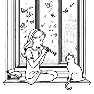 Das Mädchen spielt Flöte mit ihrer Katze am Fenster - Ausmalbild fuer kleine Tierfreunde