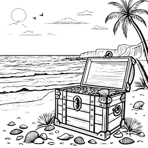 Geheimnisvoller Piratenschatz: Die goldene Truhe am tropischen Strand zum Ausmalen