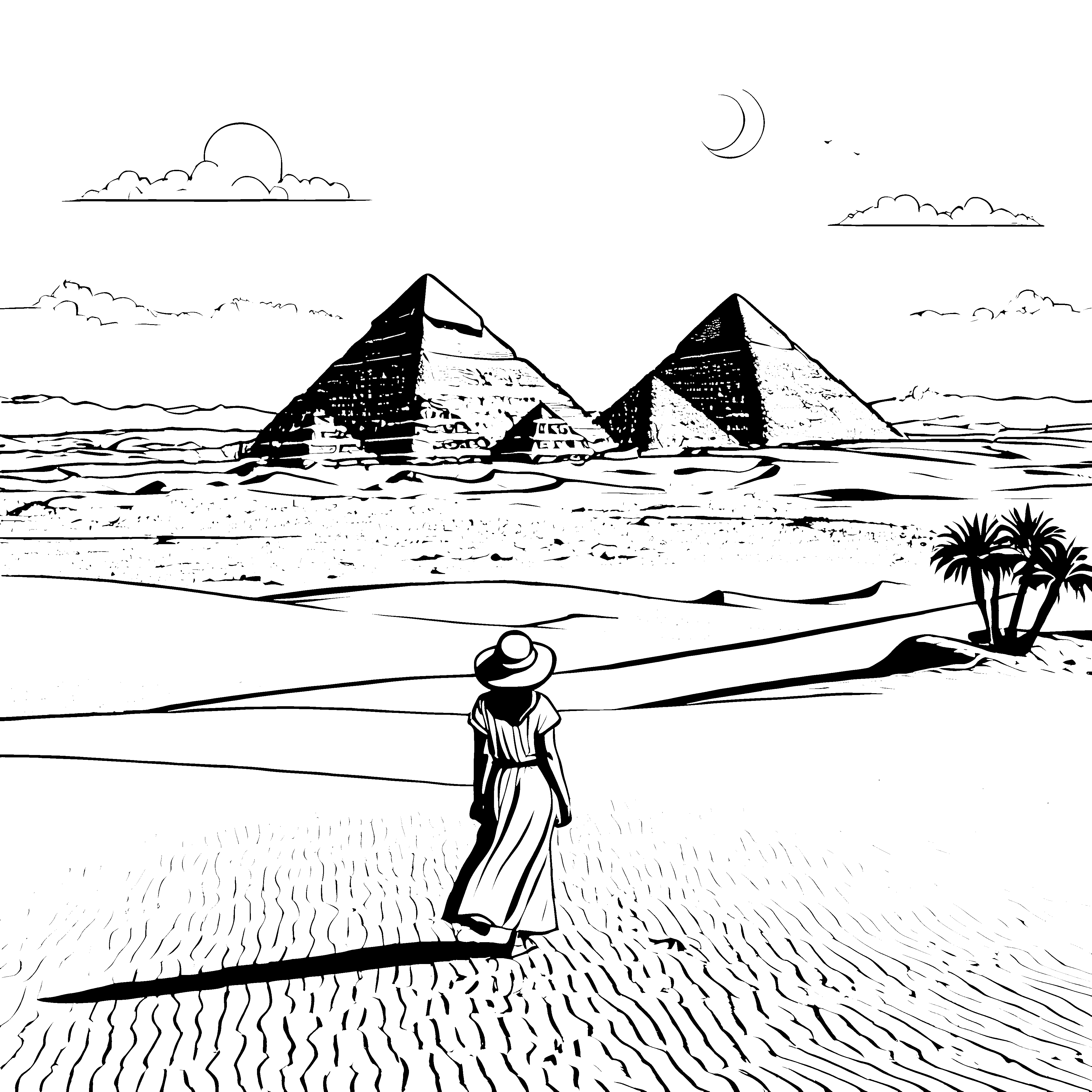 Abenteuer in der Wüste bei den großen Pyramiden Ausmalbild fuer kleine Entdecker