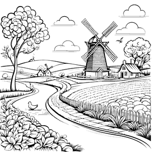 Die malerische Windmühlenlandschaft mit Wegen und Häusern zum Ausmalen