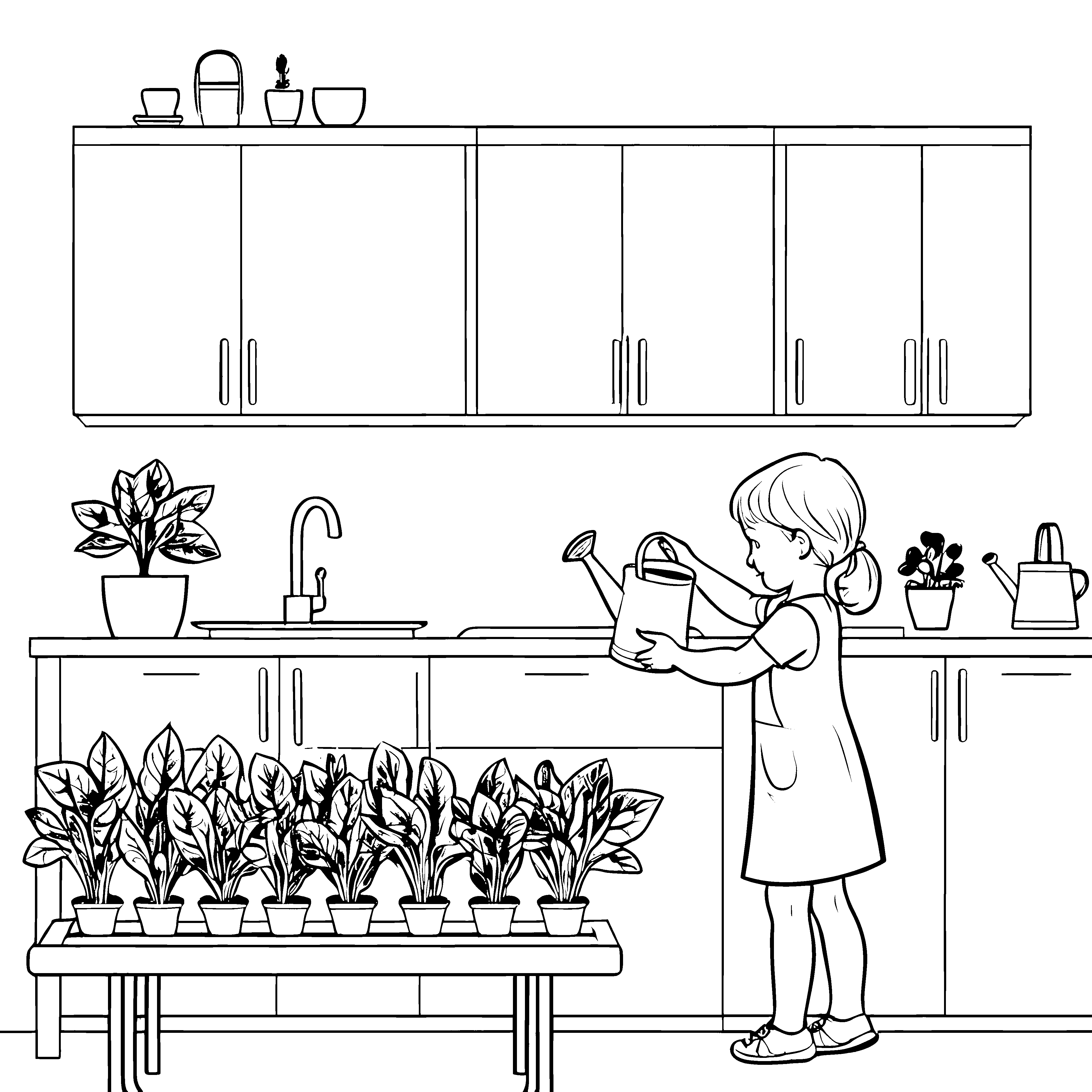Die kleine Figur pflegt ihre Malabarspinatpflanzen in der Küche