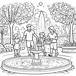 Spaß am großen Springbrunnen im Park ausmalen Kinderaktivität